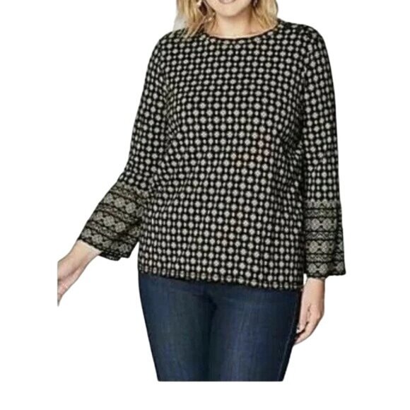 J. Jill Tops - J Jill Supima Top Large Black Floral Ruffle Sleeve Bohemian Chic Summer Blouse